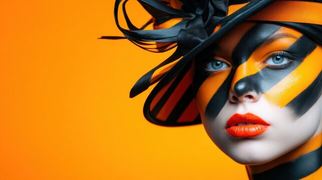 This stunning image features a model with face paint depicting bold tiger stripes, showcasing vibrant orange and black colors against a bright orange background.
