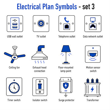Electrical Wiring Accessories, Communication Outlets and Power Control Equipment Icon Set