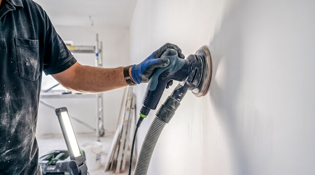 A construction worker wearing blue gloves uses a power drywall sander machine with dust extraction to smooth a white wall surface.