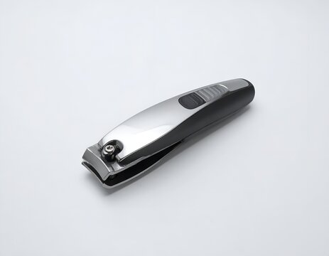 Steel nail clipper with black grip isolated on white background studio shot