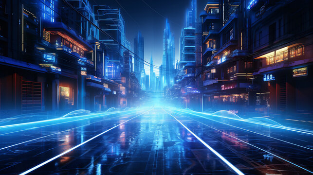 Futuristic cyber city street with illuminated glowing neon light trails, cybernetic alleyway, and high-tech buildings.