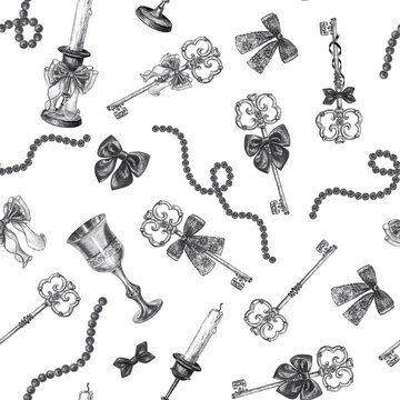 Vintage dark coquette seamless pattern with keys candles goblets. Hand drawn black charcoal bow bead texture background. Detailed monochrome sketch for textile wallpaper decor