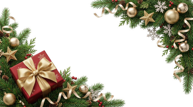 Christmas festive border with gift box and gold ornaments isolated on transparent background