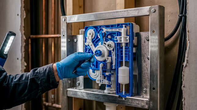 A plumber in blue gloves fine-tunes the internal plastic fill valve mechanism of a concealed wall-hung toilet cistern frame.