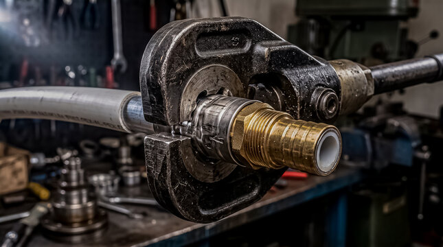 A heavy-duty hydraulic press clamp tool crimping a brass sleeve fitting onto a multi-layer composite water pipeline
