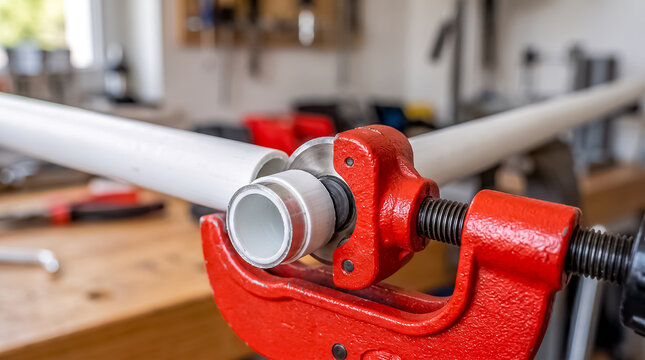 A red manual ratchet pipe cutter tool slice through a white thick plastic PPR water pipe in a workshop environment.