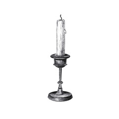 Vintage candle in candlestick holder. Hand drawn black charcoal antique wax candle illustration isolated on. Realistic detailed monochrome drawing for cozy atmosphere decor