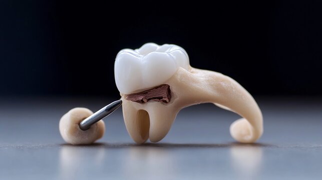 Examination of a fractured tooth model with a dental probe showing a horizontal crack and internal decay