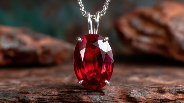 This stunning image highlights a vibrant red ruby pendant, intricately set in silver, resting on a textured wooden background that enhances its elegance and allure.