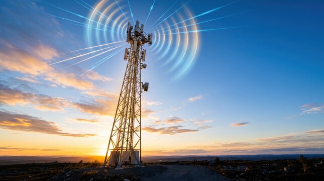 Telecommunications tower emitting 5G signal waves at sunset, mobile network antenna structure on hilltop, wireless communication infrastructure and connectivity technology against