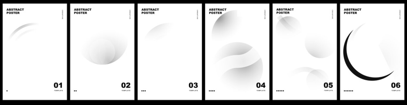 Set of 6 abstract posters with monochrome grey gradient shapes and minimalist lines. Vector illustration. Set abstract design, set of abstract, set vector.