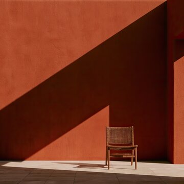 Single woven chair sits in sharp geometric shadow cast against terra cotta wall
