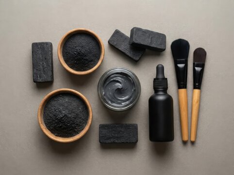 Natural charcoal skincare products with face mask jars and wooden brushes for spa treatment on a flat lay gray background