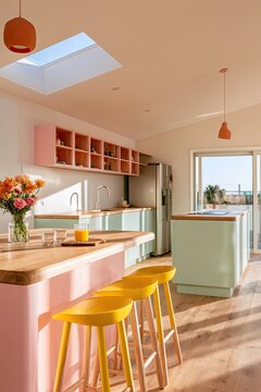 Bright kitchen with pastel cabinets, wood counters, and yellow stools