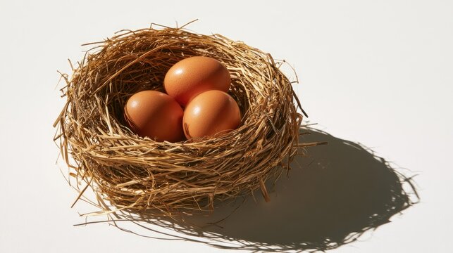 Three smooth brown eggs rest in a rough, textured twig nest