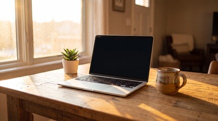 Fototapeta premium Laptop and Coffee on a Wooden Table: A modern laptop rests open on a rustic wooden table next to a steaming mug of coffee and a small potted plant, illuminated by the soft.
