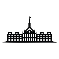 Obraz premium Black silhouette icon of courthouse building structure for legal and government institutions.