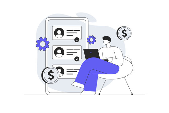 Customer Communication Management and Clients Messaging Process. Specialist Working on Laptop with Mobile Interface Chat List and Dollar Coins. Flat Cartoon Vector Illustration, icon Stylish abstract 