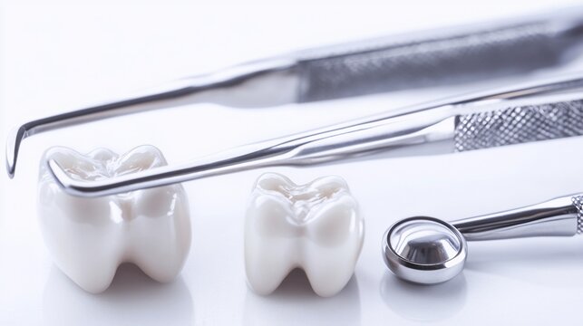 Professional dental tools and molar tooth models on a white background for orthodontic and oral care concepts