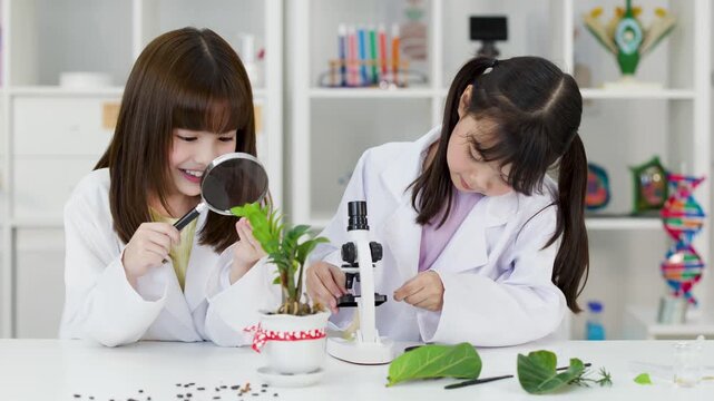 Asian Schoolgirls in Lab Coats Studying Plants with Microscope and Magnifier