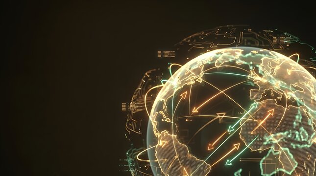 A Glowing P2P World Map Interface with Neon Blue Arrows and Digital Elements on a Dark Background Representing Virtual Peer-to-Peer Network Connection Technology in 3D Rendering p2p digital map world