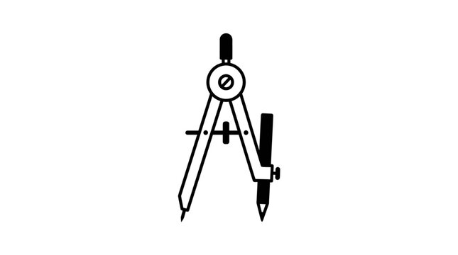 Minimalist black and white line art of a geometry compass tool.