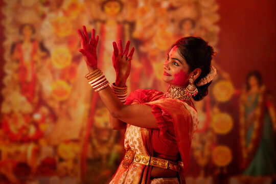 Portrait of Bengali married women celebrating Durga Puja