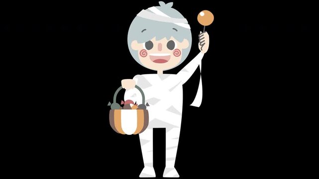 animated video happy halloween holiday festival with boy wearing mummy zombie costume holding pumpkin bucket and lollipop, overlay transparent prores 4444 4K