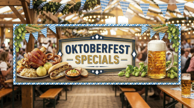 Authentic Oktoberfest Specials Banner: Traditional German Food, Beer Mug, and Festive Decorations for Seasonal Promotions.