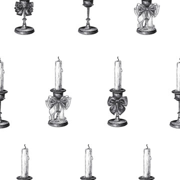 Vintage candle goblet seamless pattern with ribbon bows. Hand drawn black charcoal antique mystic object texture background. Realistic detailed monochrome sketch for textile wallpaper decor