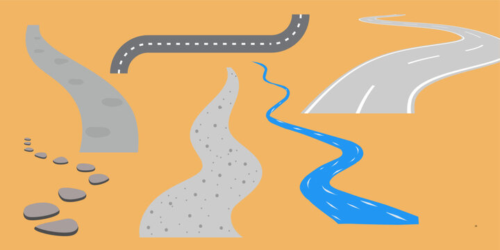 Vector Map Paths and Roads Set, River Stream, Gravel Trail and Asphalt Highway Route Collection