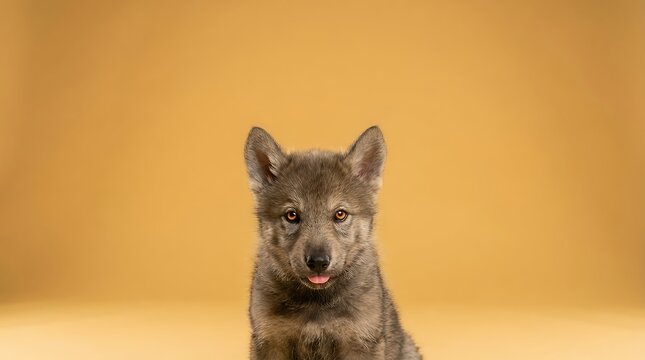 A wolfdog puppy visualization showing wolfdog puppy looking at camera with yellow backdrop and wolfdog puppy gazes directly at camera with tongue slightly sticking out with warm yellow background