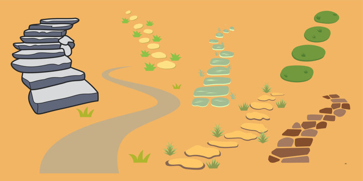 Winding Garden Path and Stone Stairs Vector Set, Stepping Stone Walkway and Curved Footpath Collection