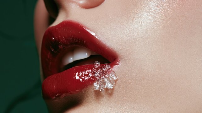 Close-up of red, glossy lips with crystal-like pieces at the corner