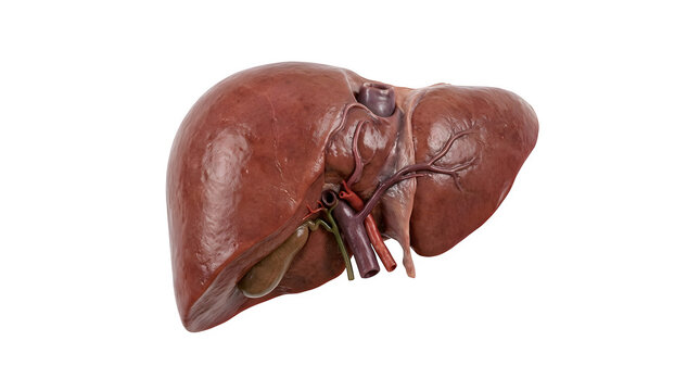 Realistic isolated human liver anatomy model with transparent background.