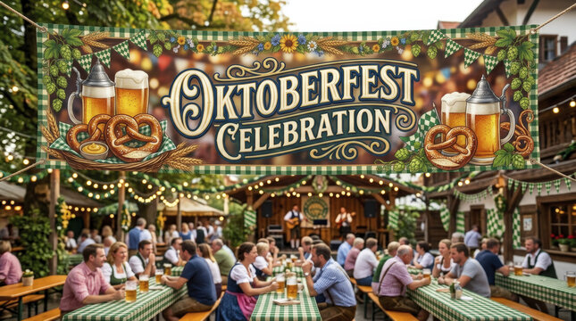 Festive Oktoberfest Celebration Banner with Beer Mugs, Pretzels, Hops, and Traditional Bavarian Decorations