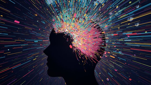 Human head silhouette with colorful exploding particles and light trails