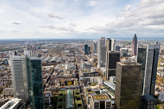 FRANKFURT, GERMANY - APRIL 4, 2026: A wide aerial panoramic view overlooking the financial district skyscrapers and the urban landscape of the city center