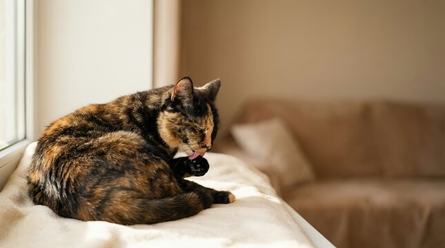 A Beautiful Black and Ginger Cat Grooming Itself by Licking Its Fur Captured in a Moment of Natural Pet Behavior and Feline Grace black and ginger color cat pet licking grooming cleaning fur coat