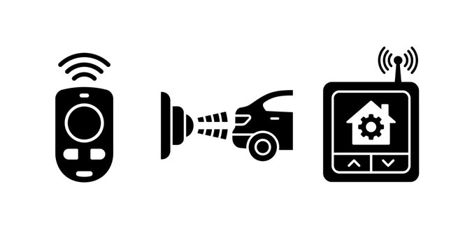 Set of black icons representing remote control technology smart home automation and wireless car parking sensor systems on white background