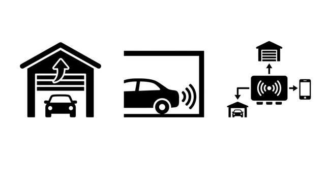 Set of black icons representing smart garage door opening systems with car sensors and remote mobile phone control technology for homes