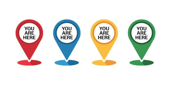 You are here map pin vector icon featuring location marker, GPS navigation pointer, destination symbol, and flat color design for wayfinding.