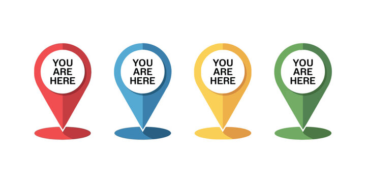 You are here map pin vector icon featuring location marker, GPS navigation pointer, destination symbol, and flat color design for wayfinding.