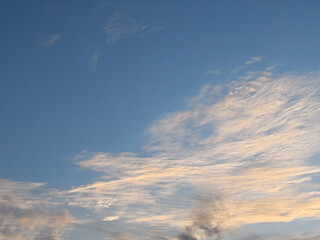 Obraz premium Stratified Wispy Cirrus Clouds in Clear Light Blue Sky at Dusk 