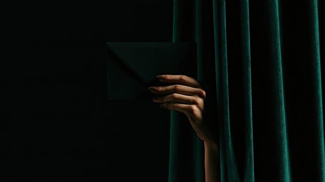 A hand emerges from behind deep green velvet curtains, holding a dark, flat object