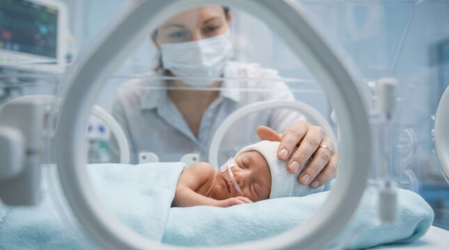 Concerned mother looking through incubator glass at sleeping premature baby in neonatal intensive care unit room.
