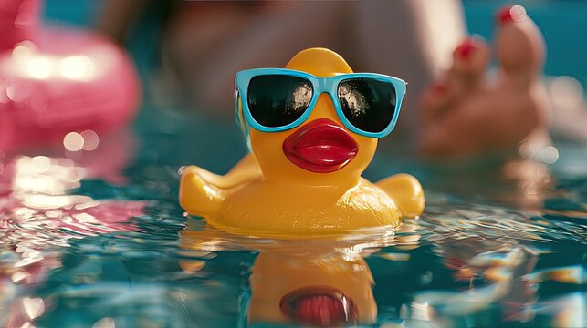 Yellow rubber duck with blue sunglasses floats in pool
