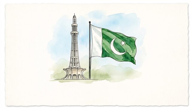 Pakistan Flag and Minar-e-Pakistan Illustration