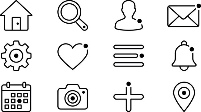 Vector linear website interface icon set featuring home search profile user envelope email gear settings heart slider notification bell calendar camera plus location pin