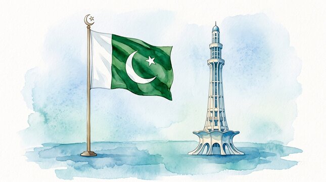 Pakistan Flag with Minar-e-Pakistan Watercolor Illustration